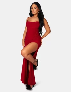 Cowl Neck Extreme Split Slinky Maxi Dress Red -Chic Step Shop 771A0643