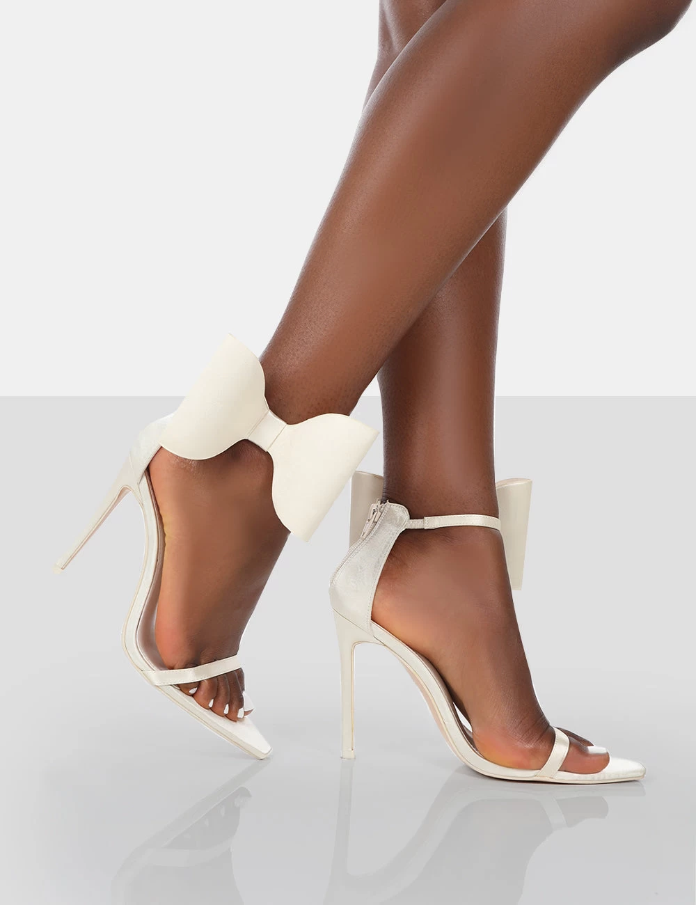 Zeal Wide Fit Off White Satin Strappy Bow Ankle Detail Stiletto Heels 2 Zeal Wide Fit Off White Satin Strappy Bow Ankle Detail Stiletto Heels - Image 2