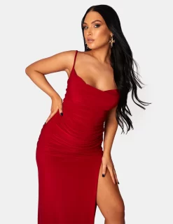 Cowl Neck Extreme Split Slinky Maxi Dress Red -Chic Step Shop 771A0651