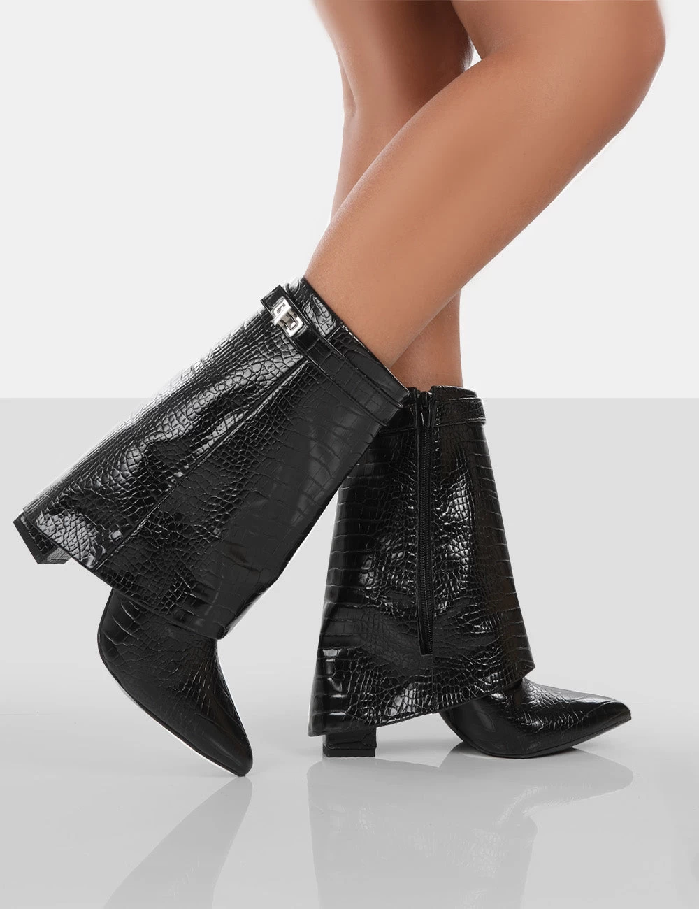 Fyre Black Croc Pointed Toe Block Heeled Ankle Boots 3 Fyre Black Croc Pointed Toe Block Heeled Ankle Boots - Image 3