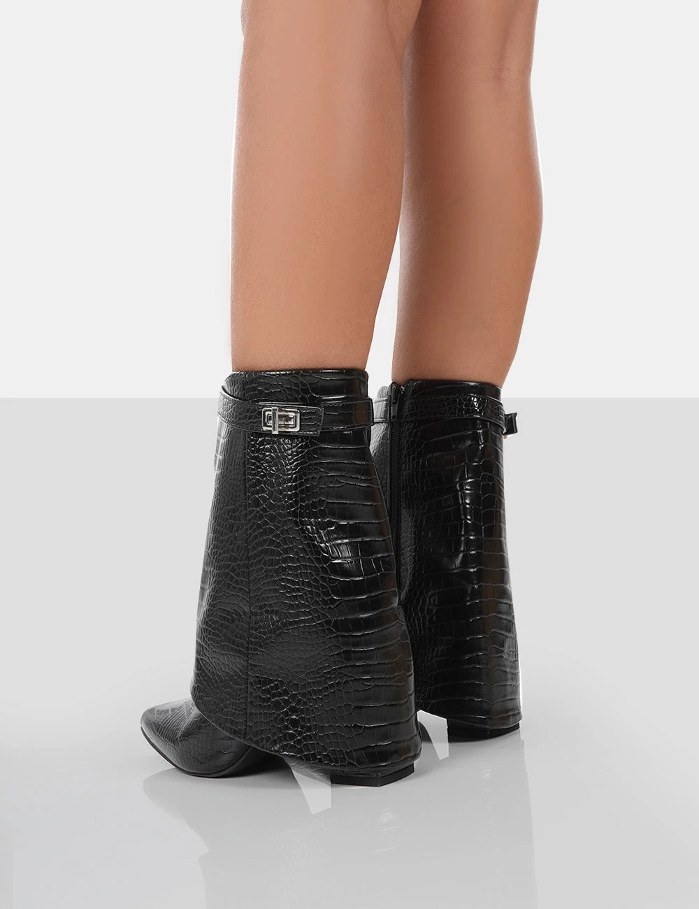 Fyre Black Croc Pointed Toe Block Heeled Ankle Boots 2 Fyre Black Croc Pointed Toe Block Heeled Ankle Boots - Image 2