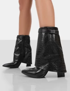 Fyre Black Croc Pointed Toe Block Heeled Ankle Boots 7 Fyre Black Croc Pointed Toe Block Heeled Ankle Boots -Chic Step Shop 771A0741
