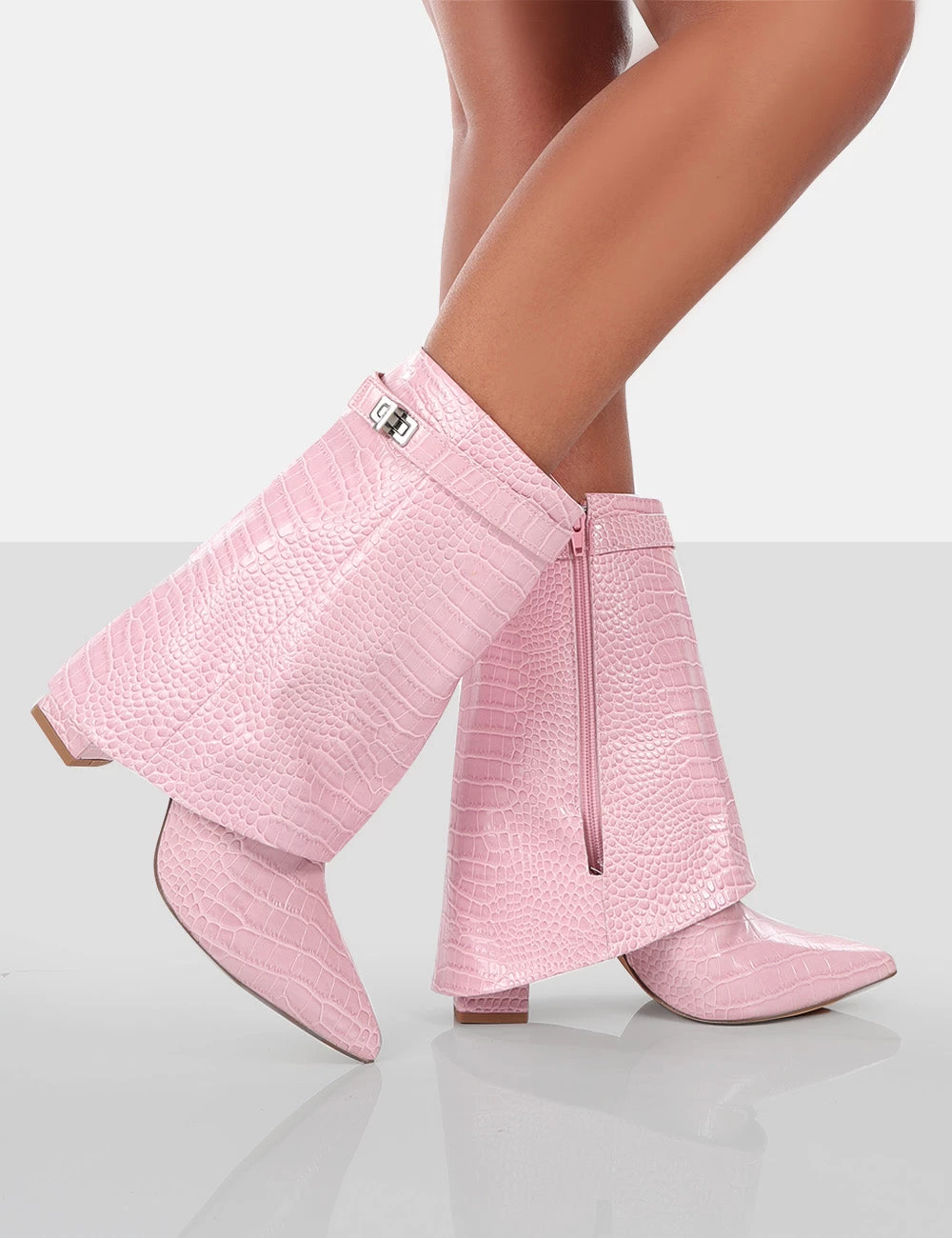 Fyre Baby Pink Croc Pointed Toe Block Heeled Ankle Boots 4 Fyre Baby Pink Croc Pointed Toe Block Heeled Ankle Boots - Image 4