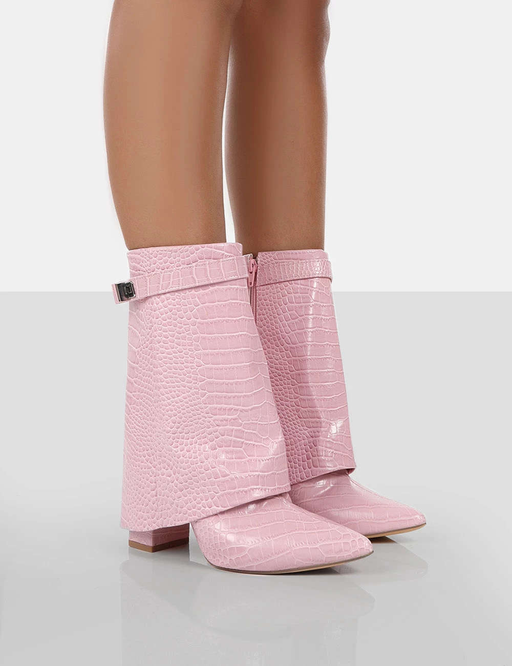 Fyre Baby Pink Croc Pointed Toe Block Heeled Ankle Boots 1 Fyre Baby Pink Croc Pointed Toe Block Heeled Ankle Boots
