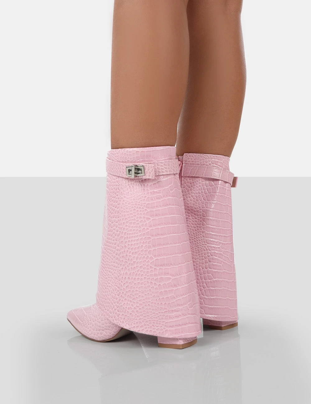 Fyre Baby Pink Croc Pointed Toe Block Heeled Ankle Boots 2 Fyre Baby Pink Croc Pointed Toe Block Heeled Ankle Boots - Image 2