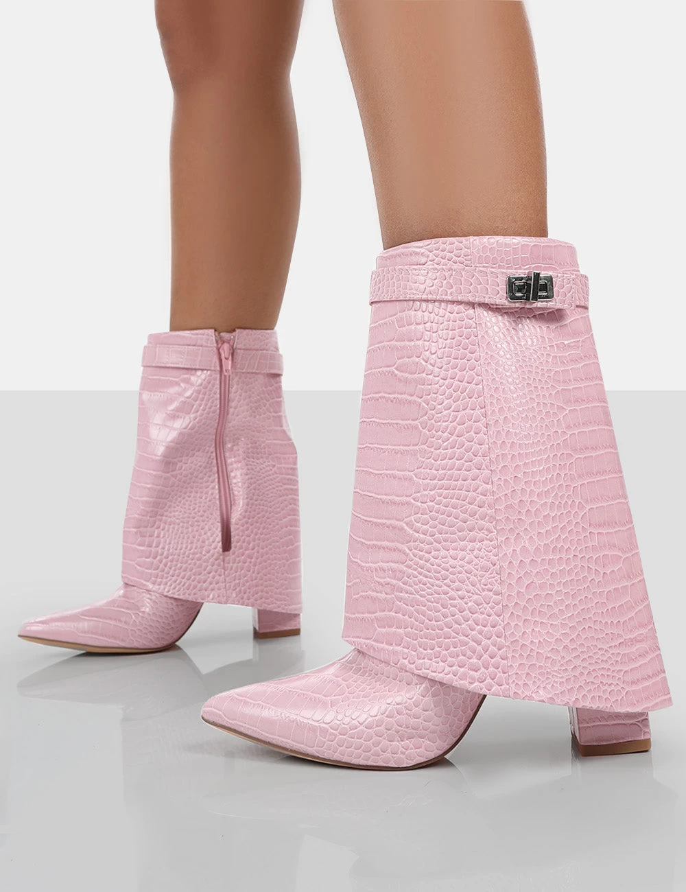 Fyre Baby Pink Croc Pointed Toe Block Heeled Ankle Boots 3 Fyre Baby Pink Croc Pointed Toe Block Heeled Ankle Boots - Image 3