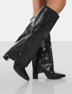 Zendaya Black Patent Croc Pointed Toe Knee High Block Boots -Chic Step Shop 771A0751
