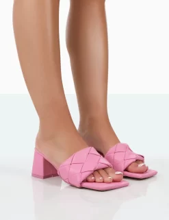 Play Nice Pink PU Woven Square Toe Block Mid Heeled Sandals