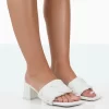 Play Nice White PU Woven Square Toe Block Mid Heeled Sandals