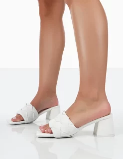 Play Nice White PU Woven Square Toe Block Mid Heeled Sandals -Chic Step Shop 771A0798