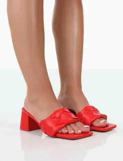 Play Nice Red PU Woven Square Toe Block Mid Heeled Sandals