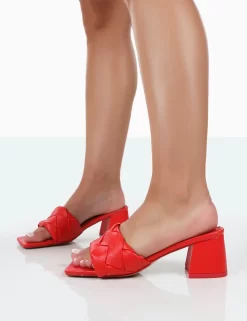 Play Nice Red PU Woven Square Toe Block Mid Heeled Sandals -Chic Step Shop 771A0802