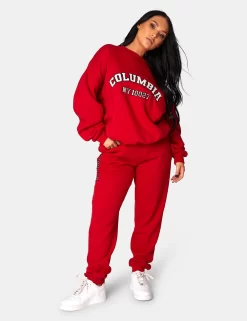 Oversized Columbia Embroidered Slogan 90S Joggers Red -Chic Step Shop 771A0812 9fe1103b cc7b 413a acf0 8a2c3a6d8d3d
