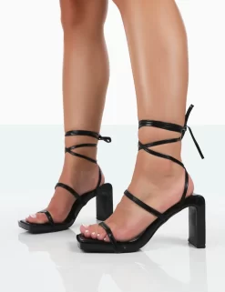 Misha Black Square Toe Strappy Lace Up Thin Block Heels -Chic Step Shop 771A0814