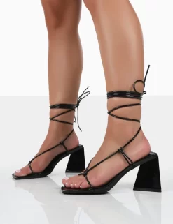 Atlas Black Patent Square Toe Lace Up Flared Mid Block Heeled Sandals -Chic Step Shop 771A0827