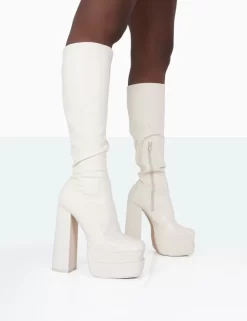 Passive Wide Fit Ecru Pu Square Toe Platform Block High Heel Over The Knee Boots