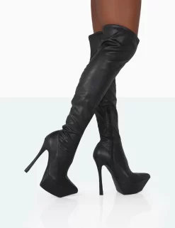 Trixie Black Grain Pu Stiletto Platform Over The Knee Boots
