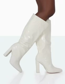 Posie Wide Fit Ecru Croc Knee High Block Heel Boots -Chic Step Shop 771A0990 45bd2433 f308 4966 ac40 47dd436e3325