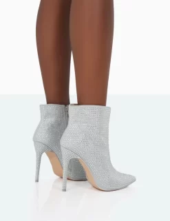 Verona Wide Fit Silver Sparkly Diamante Stiletto Ankle Boots -Chic Step Shop 771A0995