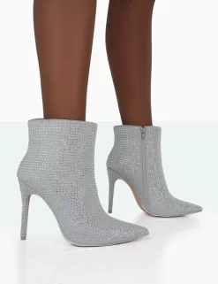Verona Wide Fit Silver Sparkly Diamante Stiletto Ankle Boots -Chic Step Shop 771A0996