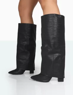 Zendaya Wide Fit Matt Black Croc Pointed Toe Knee High Boots 6 Zendaya Wide Fit Matt Black Croc Pointed Toe Knee High Boots -Chic Step Shop 771A1123