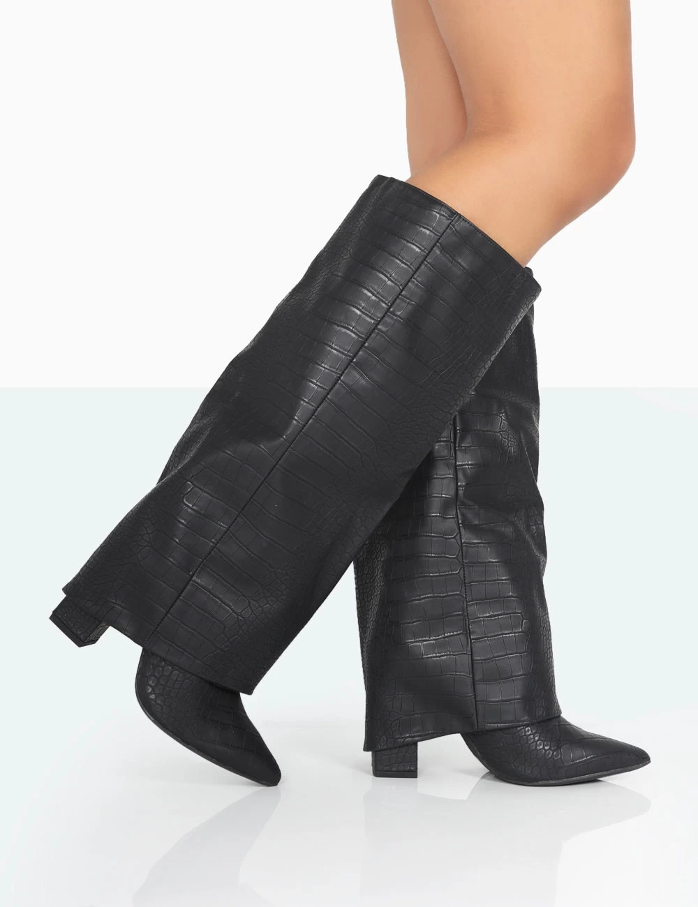 Zendaya Wide Fit Matt Black Croc Pointed Toe Knee High Boots 2 Zendaya Wide Fit Matt Black Croc Pointed Toe Knee High Boots - Image 2