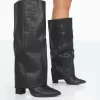 Zendaya Wide Fit Matt Black Croc Pointed Toe Knee High Boots