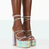 Glow Girl Silver Holographic PU Lace Up Platform High Heels