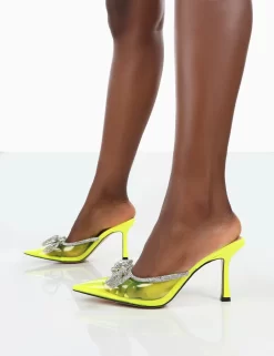 Quasar Neon Yellow Diamante Bow Mid Heels Mules -Chic Step Shop 771A1406