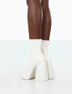 Own Thing Wide Fit White Patent Chunky Square Toe Platform Heel Block Ankle Boots -Chic Step Shop 771A1419