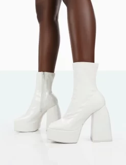 Own Thing Wide Fit White Patent Chunky Square Toe Platform Heel Block Ankle Boots -Chic Step Shop 771A1420