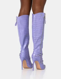Worthy Lilac Croc Studded Zip Detail Pointed Toe Stiletto Knee High Boots -Chic Step Shop 771A1427 scaled