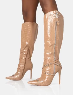 Worthy Camel Croc Studded Zip Detail Pointed Toe Stiletto Knee High Boots -Chic Step Shop 771A1436 scaled