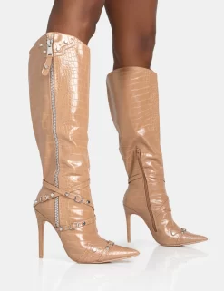 Worthy Camel Croc Studded Zip Detail Pointed Toe Stiletto Knee High Boots