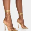 Lacey Gold Metallic Square Toe Strappy Lace Up Stiletto Heels