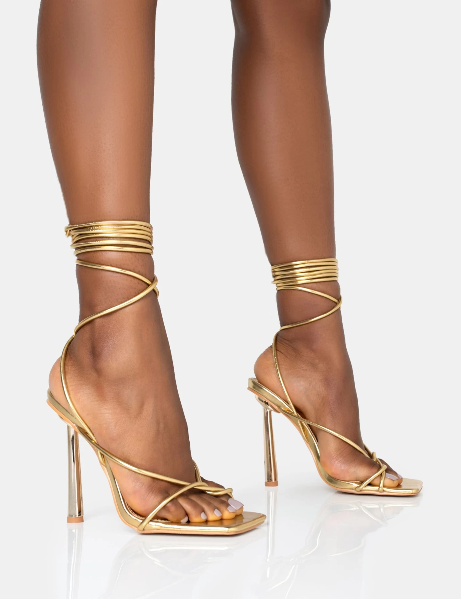 Lacey Gold Metallic Square Toe Strappy Lace Up Stiletto Heels 1 Lacey Gold Metallic Square Toe Strappy Lace Up Stiletto Heels