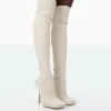 Bubbles White Knitted Wide Fit Square Toe Over The Knee Stiletto Boots