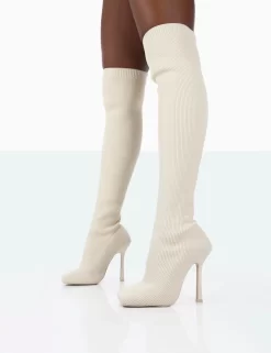 Bubbles White Knitted Wide Fit Square Toe Over The Knee Stiletto Boots -Chic Step Shop 771A1518 ccac41fc 34cb 4456 bc5b fff3c0e75277