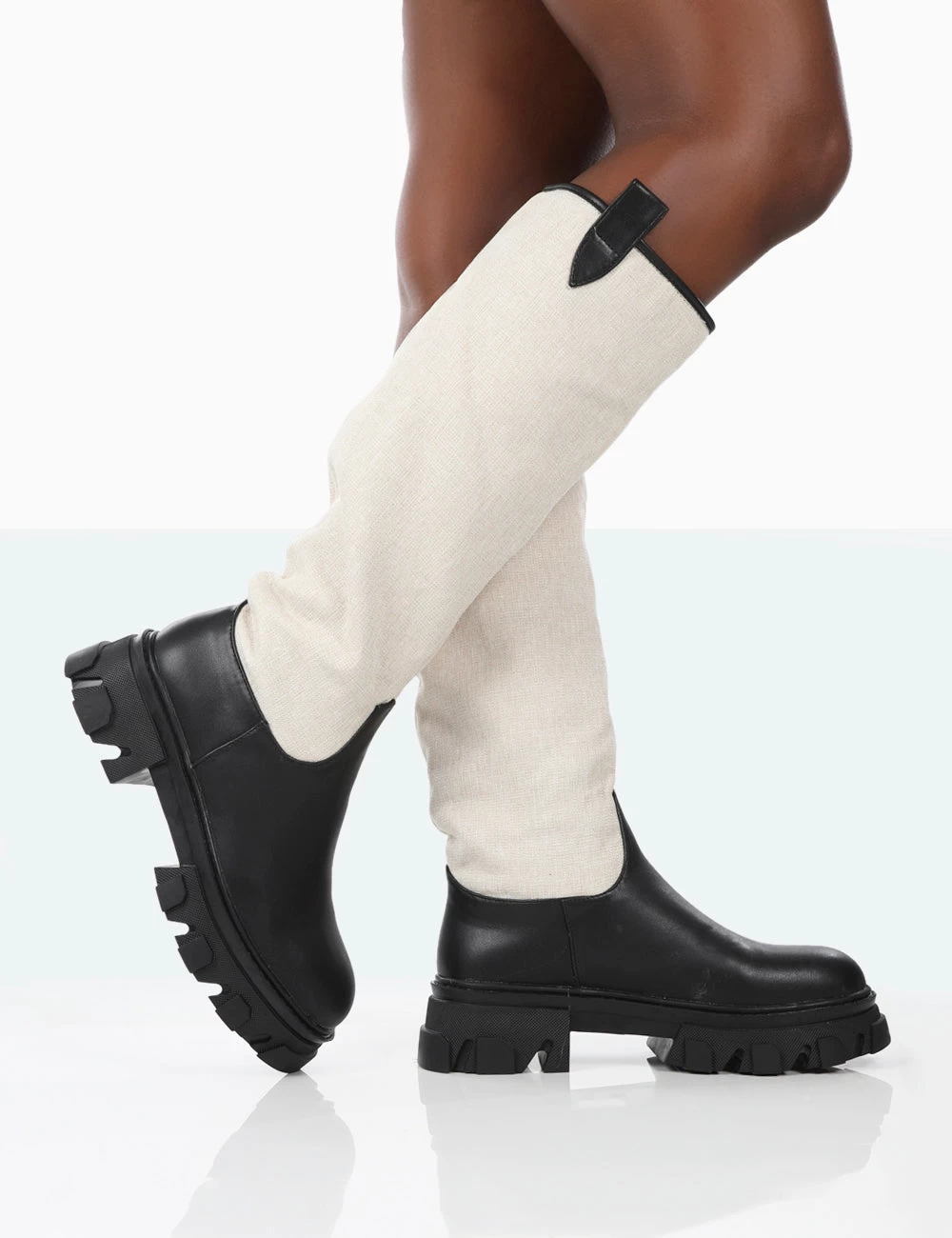 Genius Black PU Knee High Linen Platform Chunky Sole Boots 3 Genius Black PU Knee High Linen Platform Chunky Sole Boots - Image 3