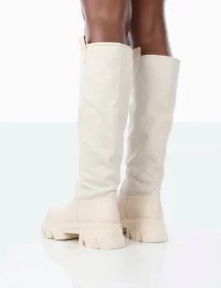 Genius Ecru PU Knee High Linen Platform Chunky Sole Boots -Chic Step Shop 771A1532