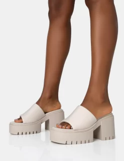 Sabeena Ecru Chunky Mule Round Toe Mid Heel Sandals -Chic Step Shop 771A1536 scaled