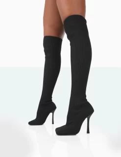 Bubbles Black Knitted Square Toe Over The Knee Stiletto Boots 7 Bubbles Black Knitted Square Toe Over The Knee Stiletto Boots -Chic Step Shop 771A1542
