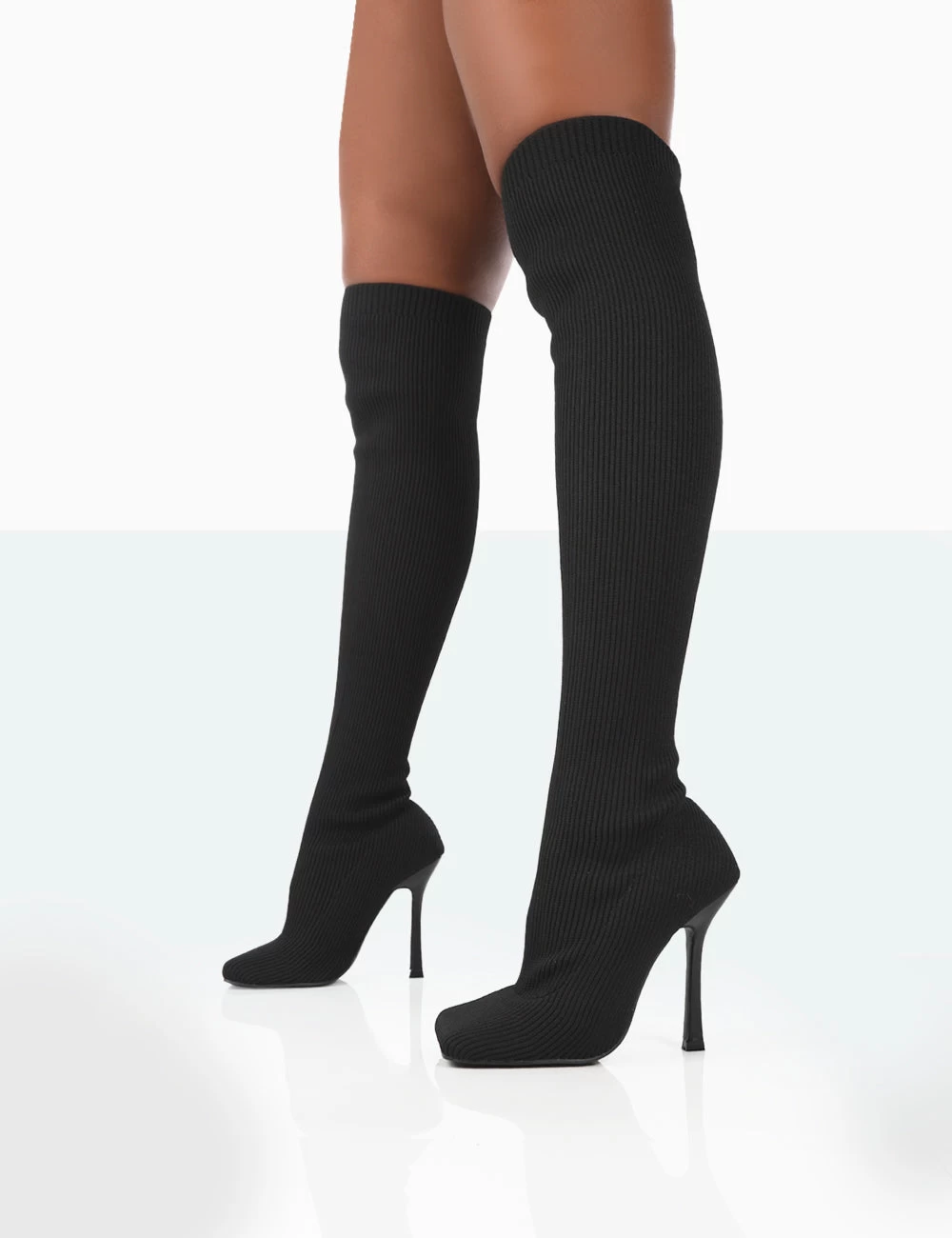 Bubbles Black Knitted Square Toe Over The Knee Stiletto Boots 4 Bubbles Black Knitted Square Toe Over The Knee Stiletto Boots - Image 4