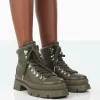 Hike There Khaki Pu Lace Up Chunky Sole Winter Boots