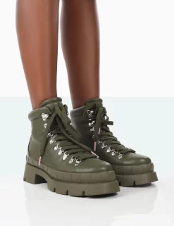 Hike There Khaki Pu Lace Up Chunky Sole Winter Boots