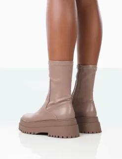 Rusty Mocha Pu Chunky Sole Platform Sock Ankle Boots -Chic Step Shop 771A1567