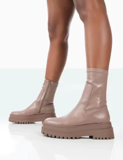 Rusty Mocha Pu Chunky Sole Platform Sock Ankle Boots -Chic Step Shop 771A1568