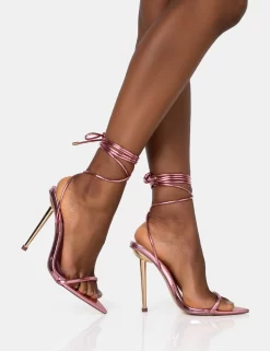 Look Back Pink Metallic Pointed Toe Lace Up Gold Stiletto Heels -Chic Step Shop 771A1598 scaled