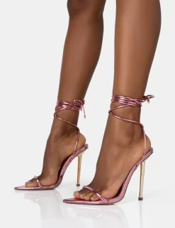 Look Back Pink Metallic Pointed Toe Lace Up Gold Stiletto Heels -Chic Step Shop 771A1601 scaled