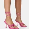 Keri Pink Patent Strappy Lace Up Mid Heels